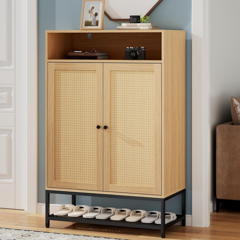 7 Tier Shoe Cabinet, Shoe Rack Storage with Natural Rattan Door and Adjustable Shelves for Hallway