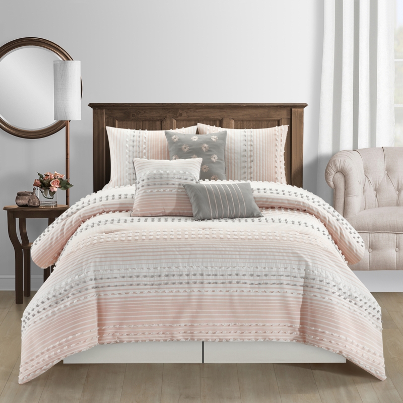 Albaraa Pink 7 Piece Chic Striped Comforter Set