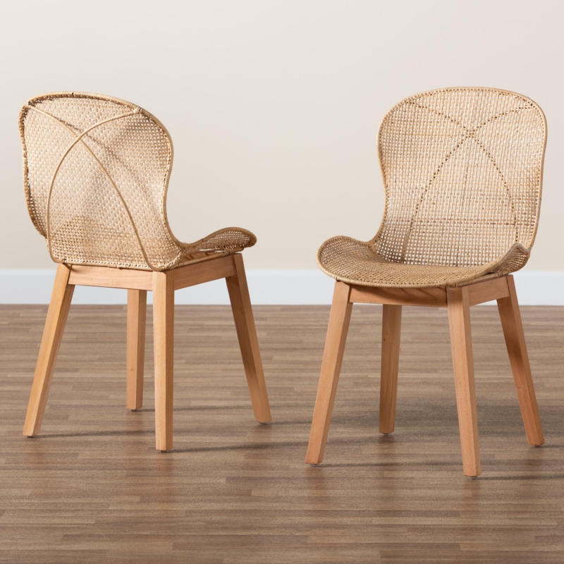 Alon Wing Back Rattan and  Mahogany wood Side Chair Dining Chair