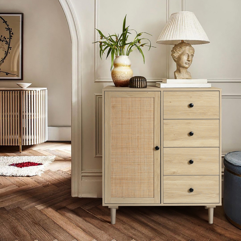 Alric 1-Door 4-Drawer Rattan Accent Cabinet
