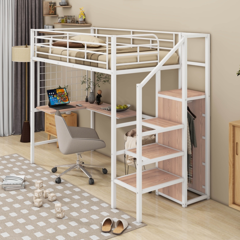 Amando Twin Size Metal Loft Bed with Desk and Metal Grid, Stylish Metal Frame Bed with Lateral Storage Ladd