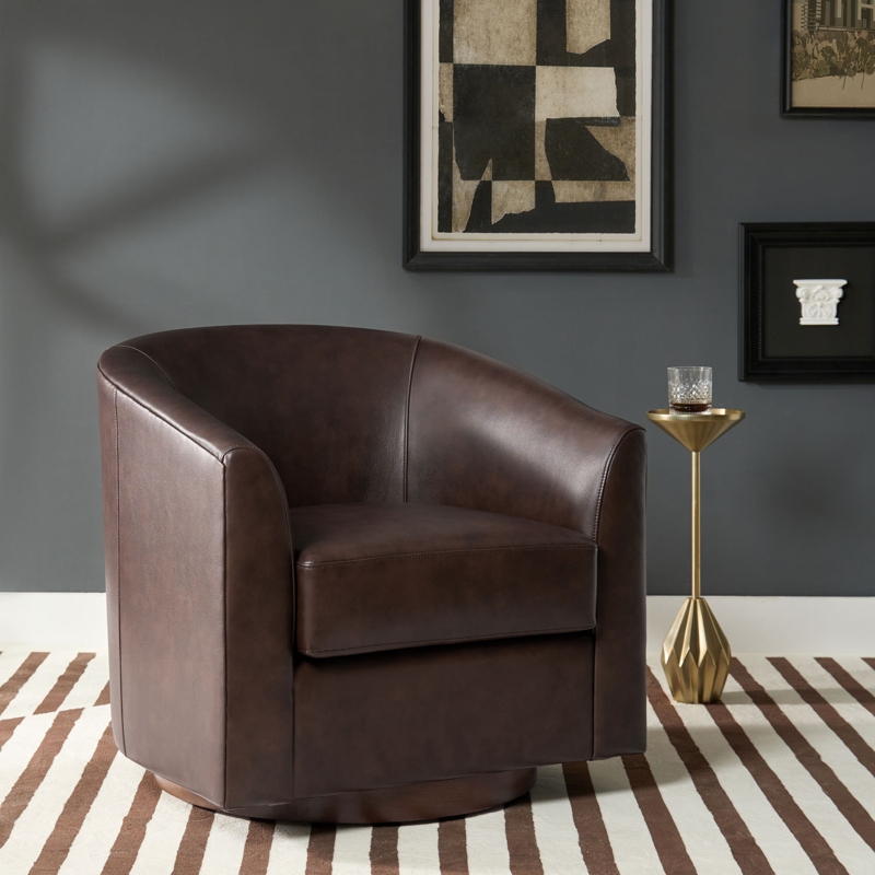 Amiir 30.5'' Wide Genuine Leather Swivel Barrel Chair with Solid Wood Base