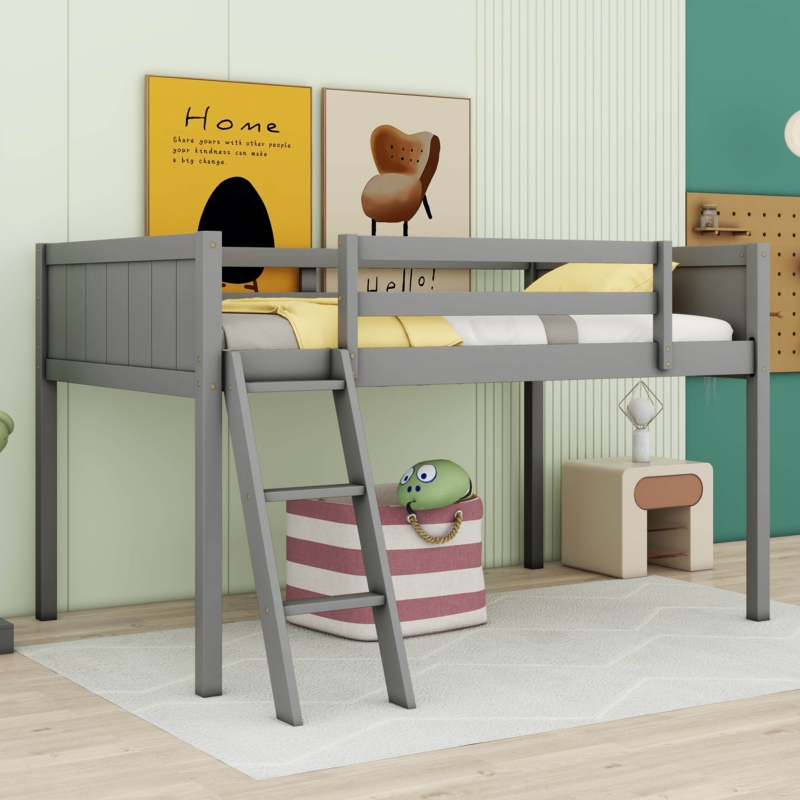 Angelia Twin Size Wood Low Loft Bed with Ladder