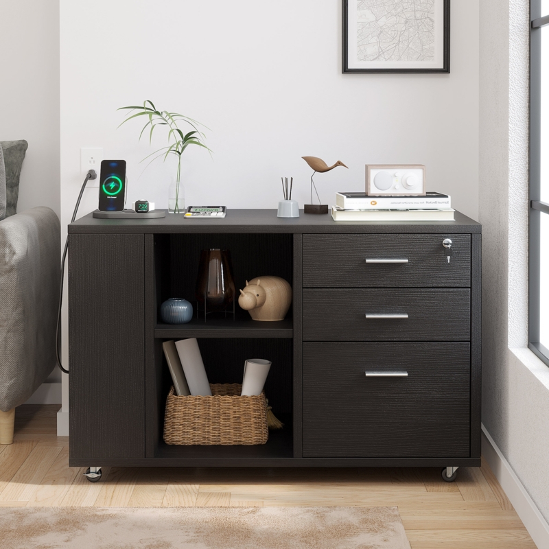 Ardeha 39" W 3-Tiers Wood Storage File Cabinet with 3 Drawers &3 Side Storage Shelve &Built-In Outlet