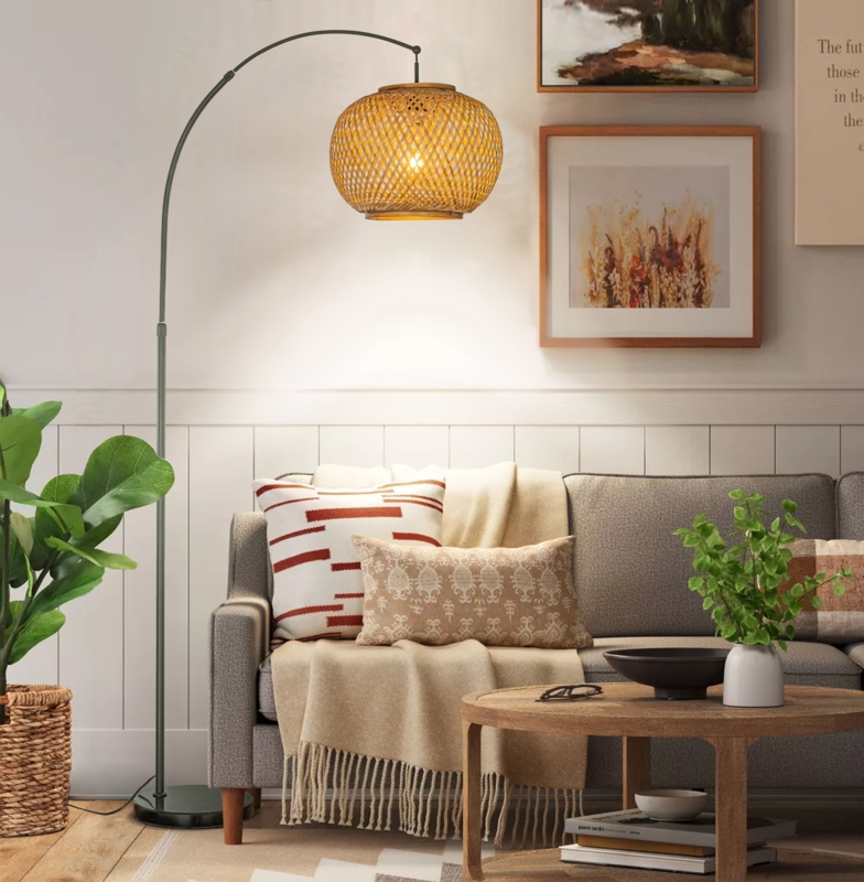 Arneshia 75" 1-Light Arc Floor Lamp with Hand-woven Bamboo Shade and Marble Base