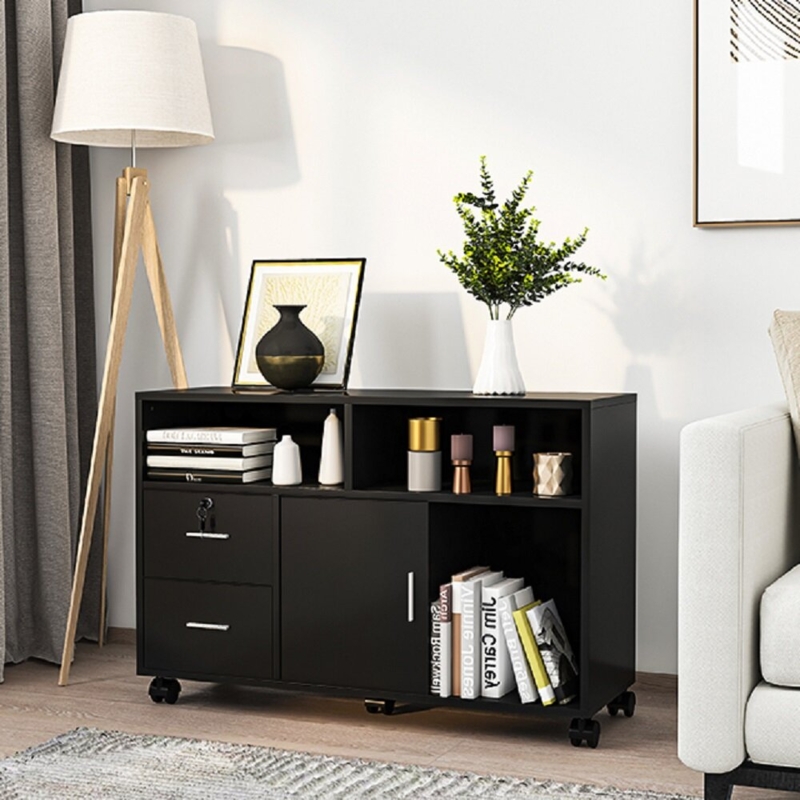 Ayoka 38" W 3-Tiers Wood Storage File Cabinet with 2 Drawers & Door & Casters