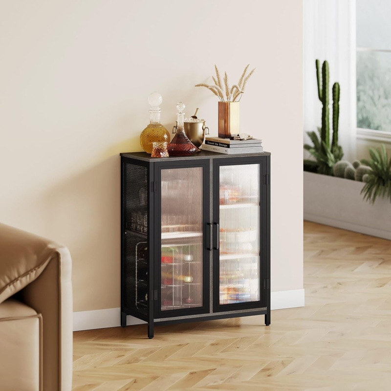 Bar Cabinets For Home, Small Liquor Bar Cabinet, Farmhouse Wine Cabinet, LED Mini Bar, Industrial Accent Cabinet With 5-Tier Storage, Easy To Assemble