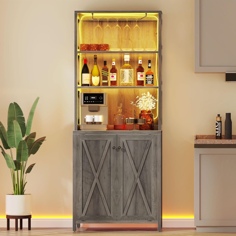 Bar Cabinets With LED Light, Coffee Bar Liquor Cabinet With Glass Holder, Tall Buffet Wine Cabinet With Storage For Kitchen, Dining Room, Rustic Grey Wash