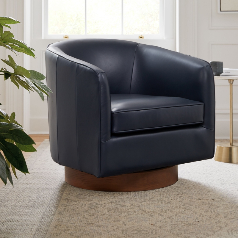 Bheema 28.5" W Top Grain Genuine Leather Swivel Barrel Chair
