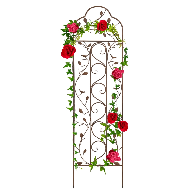 Coweta 60x15in Iron Arched Garden Trellis Fence Panel w/ Branches, Birds for Climbing Plants