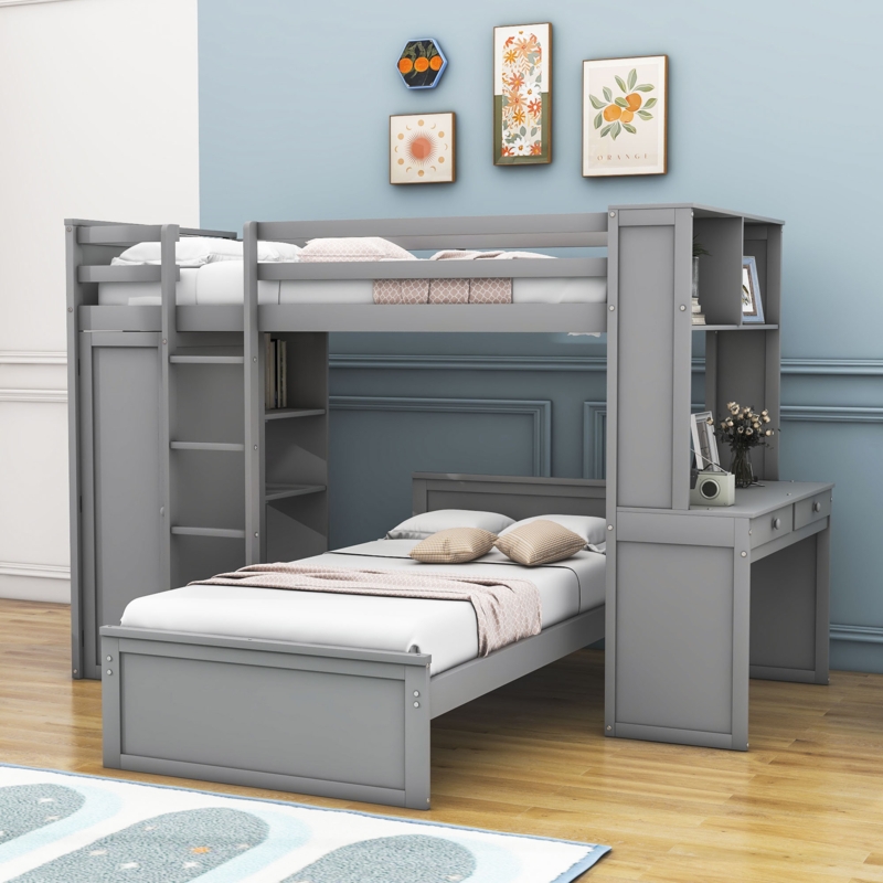 Curt Kids Twin Over Twin 2 Drawers Wood Bunk Bed with Built-in-Desk and Shelves