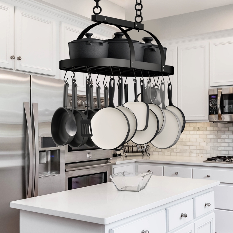 Delauter Hanging Ceiling Pot Rack 34-Inch for Kitchen Matte Black with 20 S Hooks