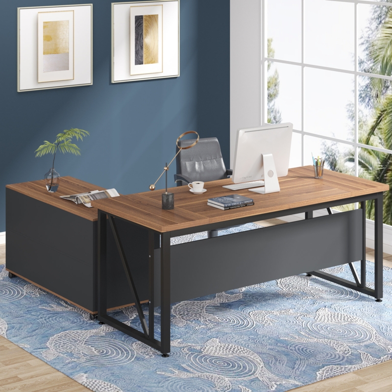 Dineke L-Shape Executive Desk with Cabinet Credenza
