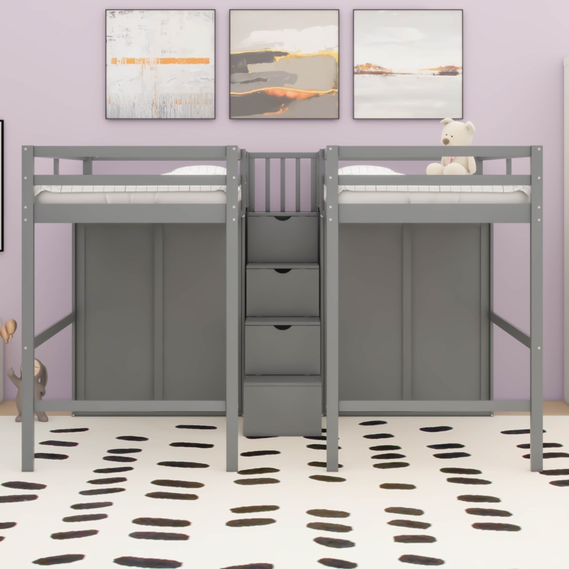Double Twin Loft Beds with Wardrobes and Staircase