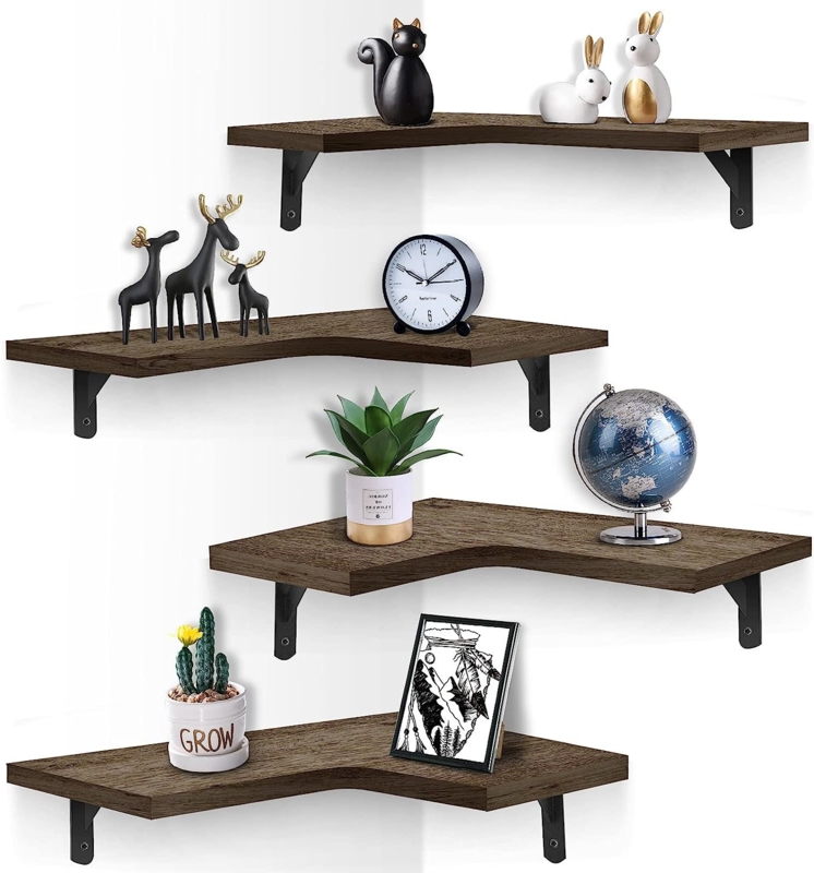 Doyna Corner Floating Shelves Wall Mounted Set of 4, Rustic Wood Wall Storage Shelves For Bedroom, Living Room, Bathroom, Kitchen, Office And More