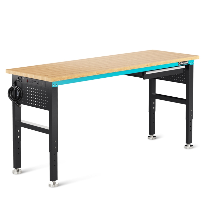 DURATECH 72 Adjustable Workbench, Heavy-Duty Rubber Wooden Top Worktable With A Drawer, 6Ft Workstation With Power Strip, Peg Board, 2000 LBS Load Capacity, For Workshop, Garage, Office, Home