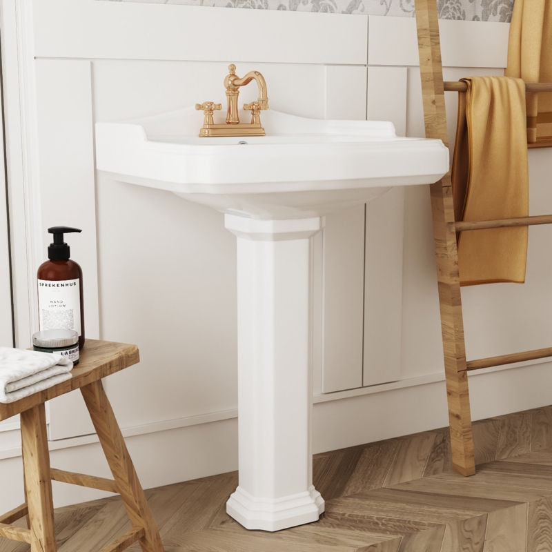 Dynasty 35.5" Tall White Rectangular Vitreous China Pedestal Bathroom Sink with Overflow