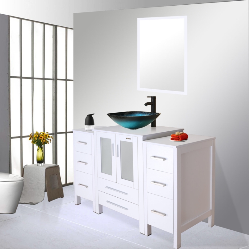 Eclife Free-standing Single Bathroom Vanity Set with Glass Sink Top, Mirror, Water Saving Faucet