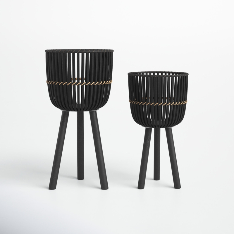 Edmund 2 Piece 19"H 10" Diameter /23"H 12" Diameter Black Tri-Footed Bamboo Planter Set for Garden, Patio, Entryway, or Living Room