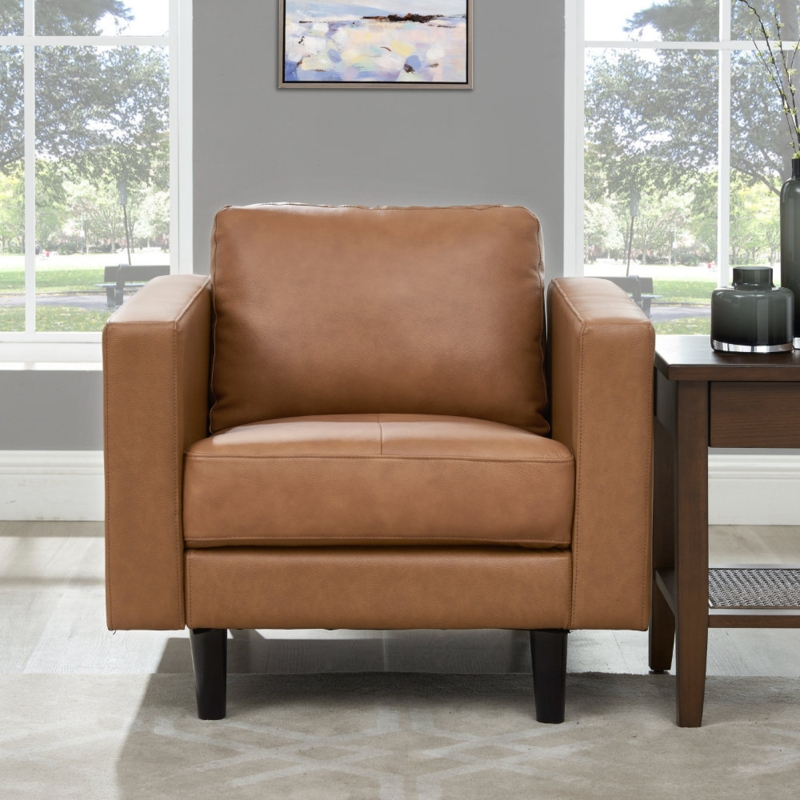 Esin Top Grain Genuine Leather Upholstered Single Sofa Chair for Living Room, Mid Century Chair