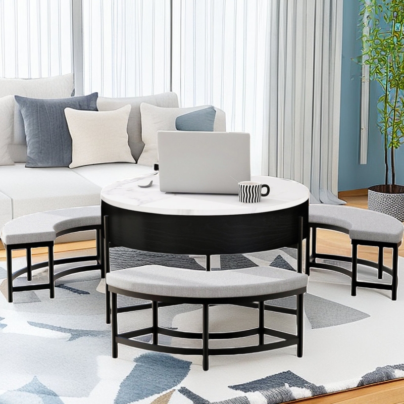 Esiquiel Lift Top Coffee Table with Storage and Three Upholstered Stools