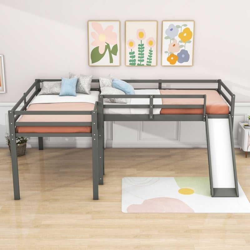 Esteri Twin Size L-Shaped Loft Bed, Wood Loft Bed with Slide