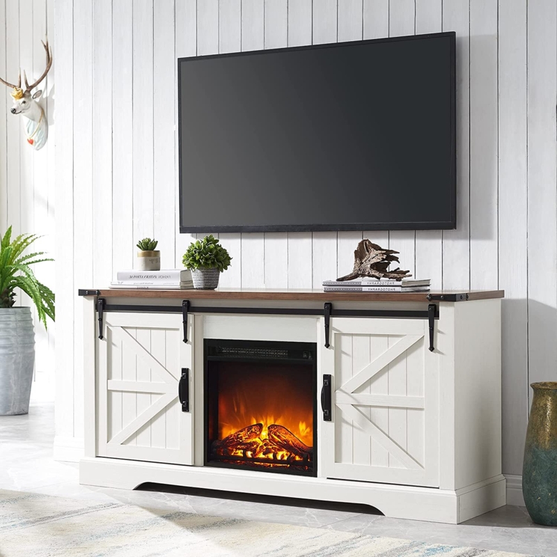 Farmhouse TV Stand with 18" Electric Fireplace for 65 Inch TV, Sliding Barn Door, Adjustable Shelf