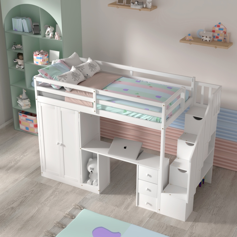 Fernandito Kids Twin Loft Bed with Drawers