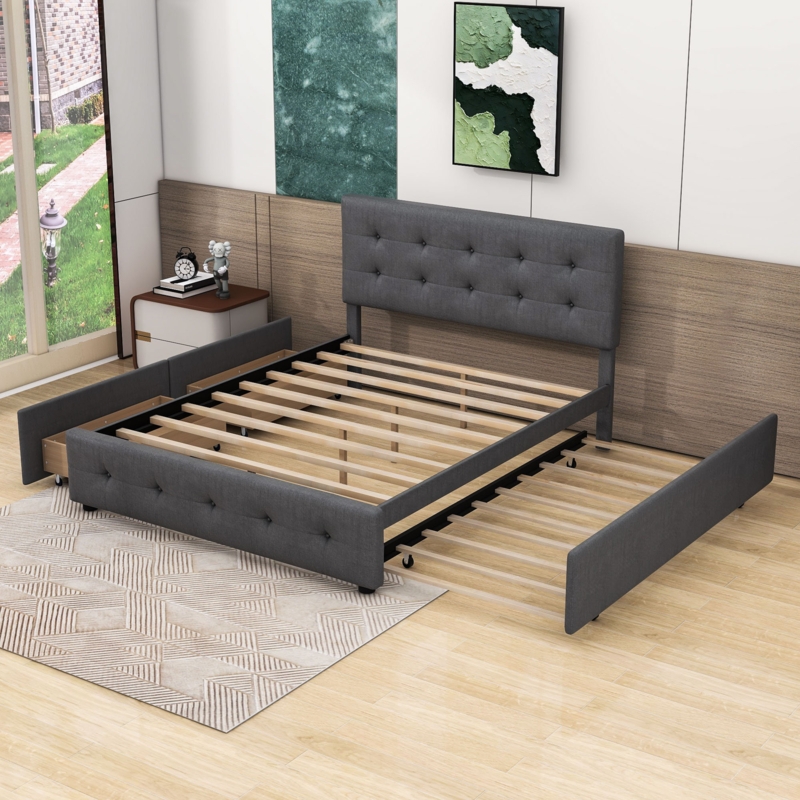 Filicity Queen Size Upholstered Platform Bed with 2 Drawers and Twin XL Trundle