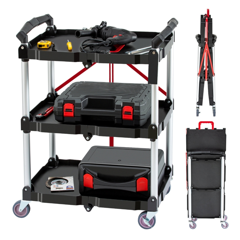 Folding Cart, 3-Tier Fold Up Rolling Cart Collapsible Push Cart Utility Cart with Wheels