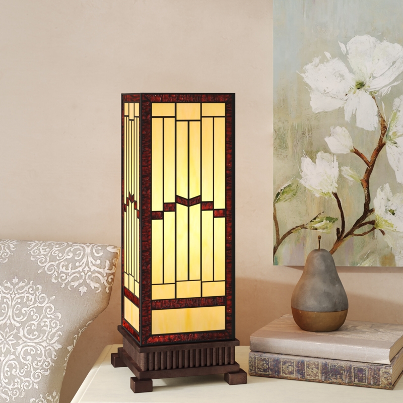 Gardella 17" Craftsman Style-Stained Glass Pillar Table Lamp