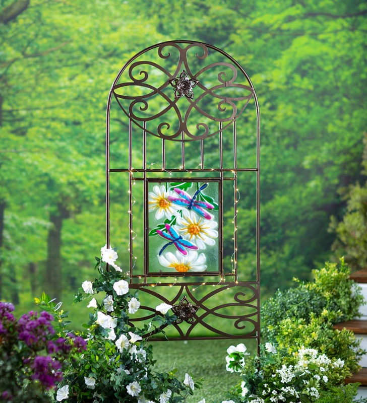 Geraldine 60'' H x 23'' W 4 Seasons Metal Trellis with 4 Painted Glass Inserts and Solar-Powered String Lights