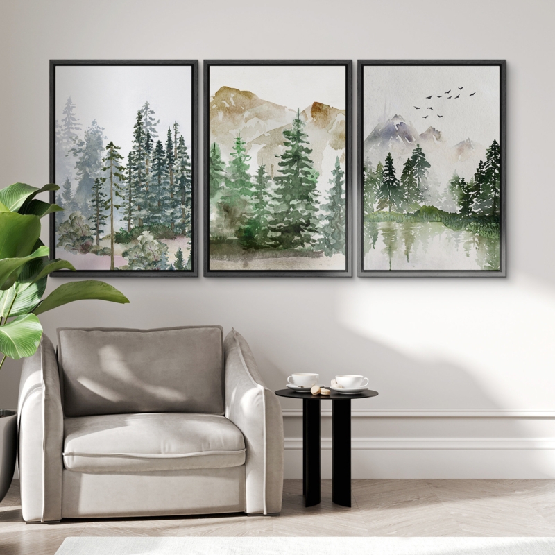 Green Forest Nature Landscape Modern Living Room Decor Framed Canvas 3 Piece Set Print Wall Art