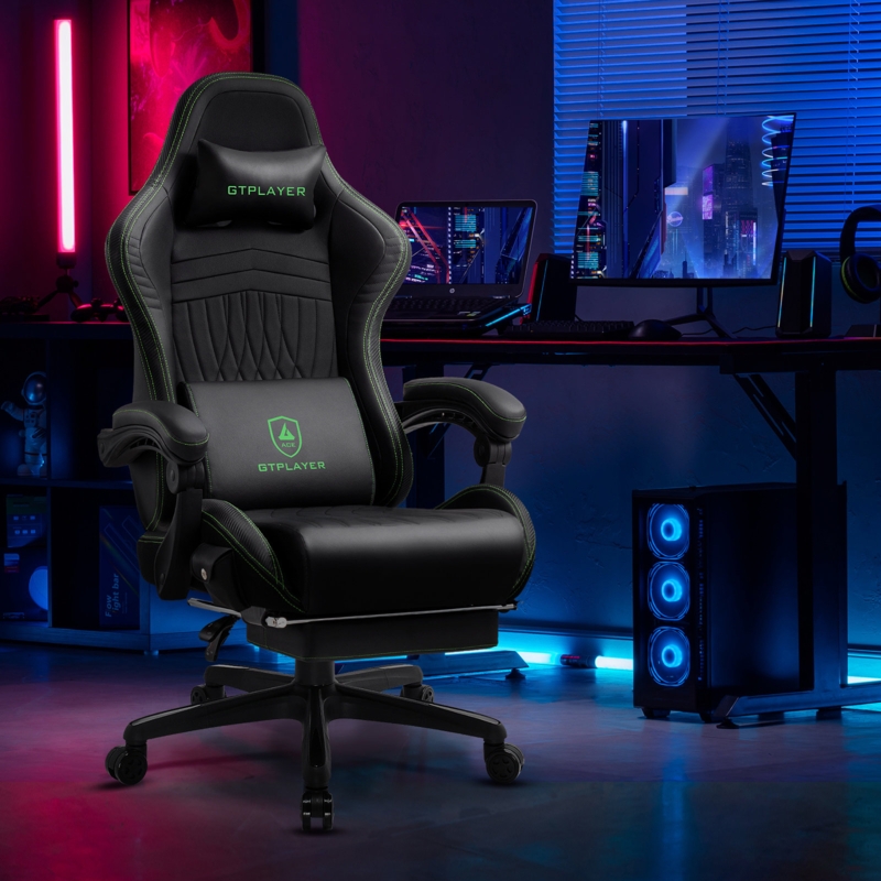 GTPLAYER Adjustable Reclining Ergonomic Faux Leather Swiveling A-Frame Sign Holder Game Chair with Built-in Speakers and Footrest