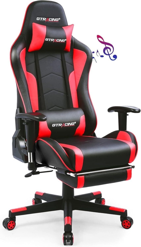GTPLAYER Adjustable Reclining Ergonomic Faux Leather Swiveling PC u0026 Racing Game Chair with Built-in Speakers and Footrest