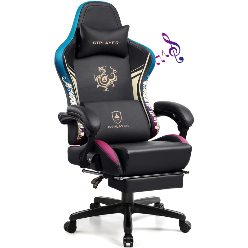 GTPLAYER Adjustable Reclining Ergonomic Faux Leather Swiveling PC u0026 Racing Game Chair with Built-in Speakers and Footrest