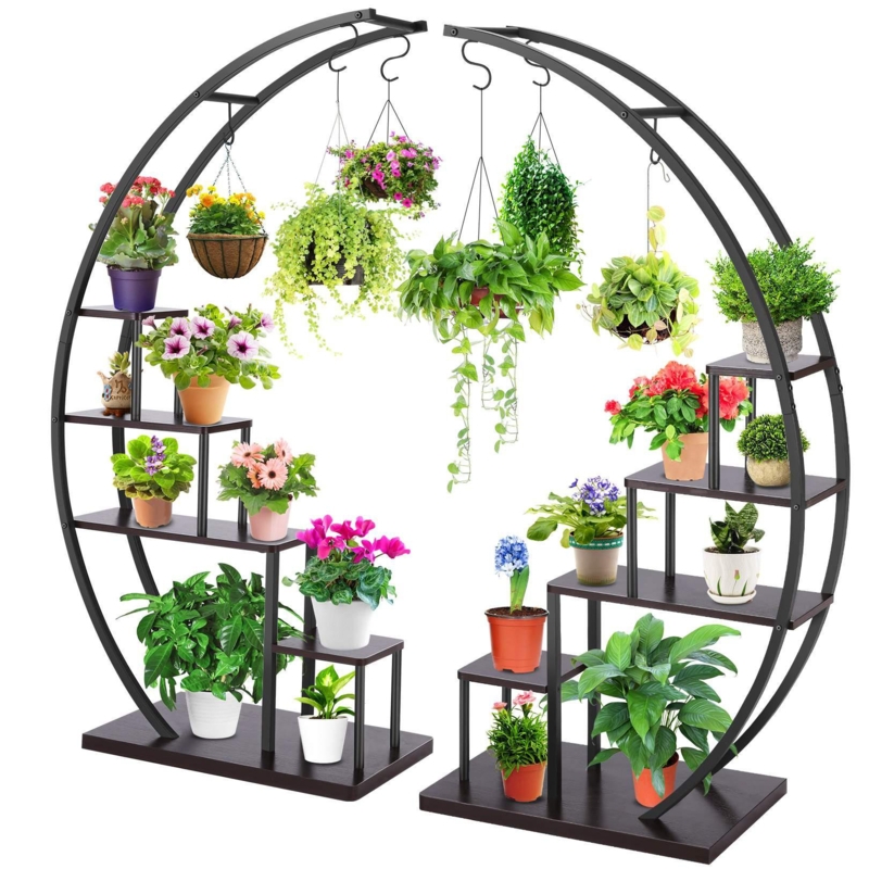 Half Moon Multi-Tiered Plant Stand For Home Patio Lawn Garden Balcony Holder Black