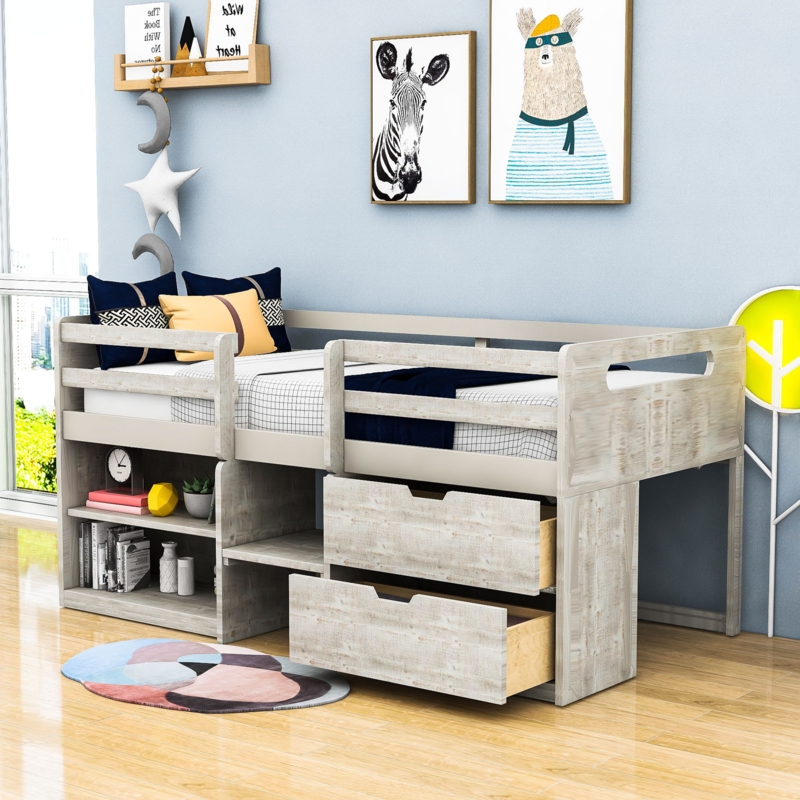 Harle Kids Twin 2 Drawers Wood Loft Bed with Shelves