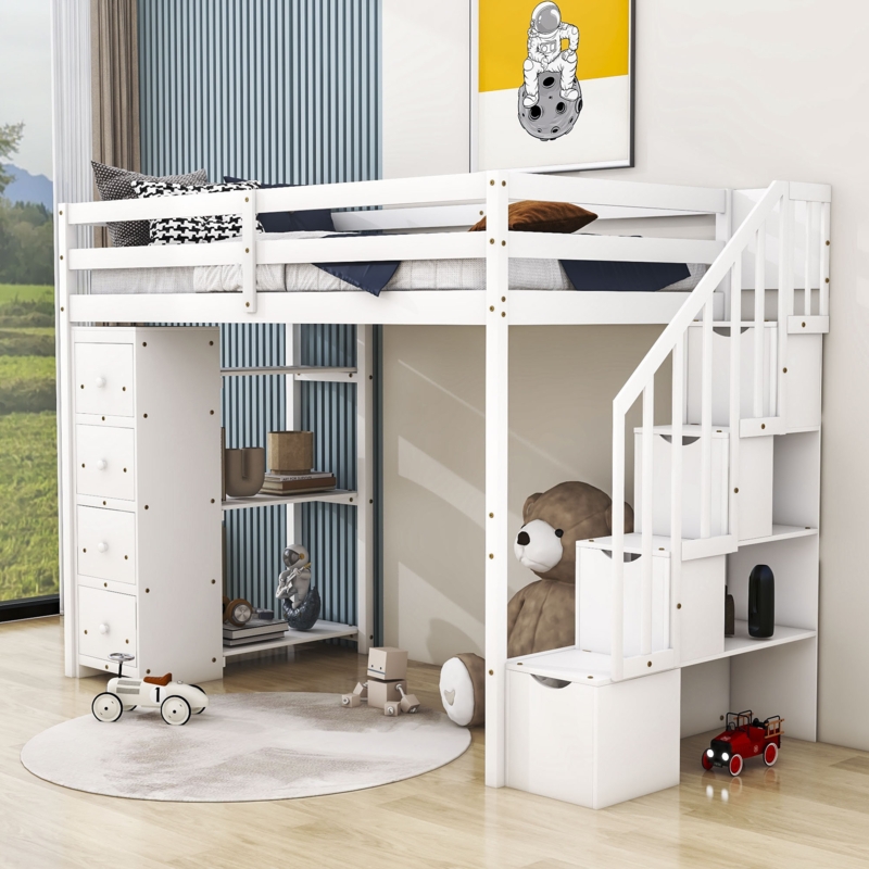 Hasseltine Kids Twin 4 Drawers Wood Loft Bed with Shelves