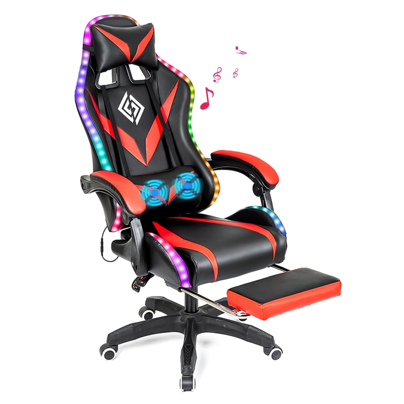 Hoffree Ergonomic Faux Leather Swiveling PC u0026 Racing Game Chair with Built-in Speakers and Lights