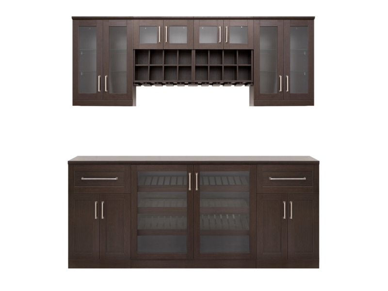 Home Bar 21" Shaker Style 8 Piece Cabinet Set with Wall Wine Rack and Double Display Storage