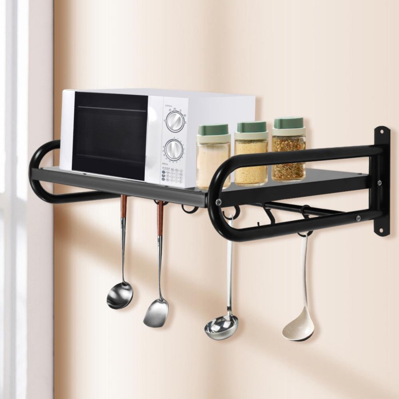 Household Wall Mount Microwave Oven Shelf Kitchen Storage Rack with 6 Hooks