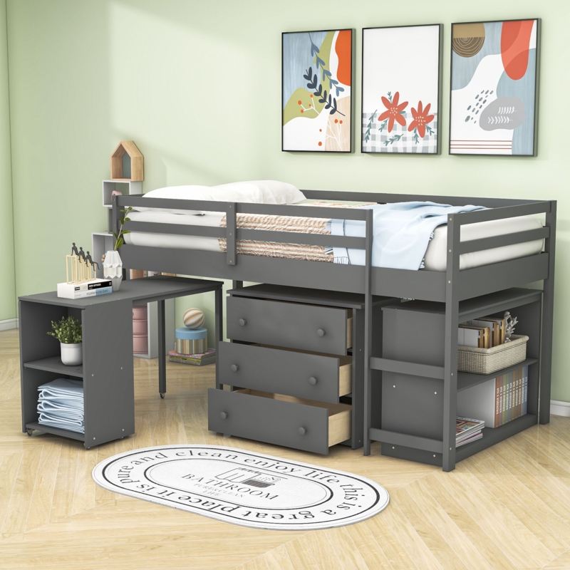 Iago Kids Low Twin 3 Drawers Wood Loft Bed with Rolling Portable Desk and Shelves
