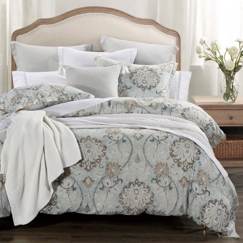 Jaelyn Linen Blend Light Blue Brown Floral Classic Chic Casual Comforter Set
