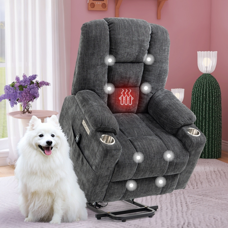 Jallier 34.25"W Chenille Power Liftable Heated Recliner, Remote, Usb Port