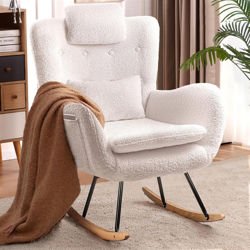Kahmar Teddy Fabric Nursery Rocking Chair with Side Pocket, High Backrest Indoor Accent Chair