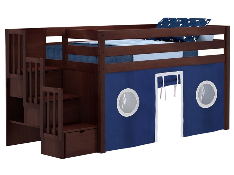 Kayser Solid Wood Twin Low Loft Bed with a 3 Drawer Stairway and Tent