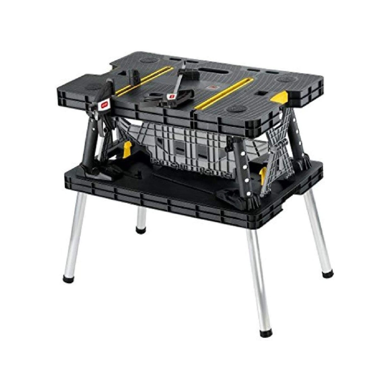 Keter Folding Portable Workbench Sawhorse with (2) 12" Clamps, Black and Yellow
