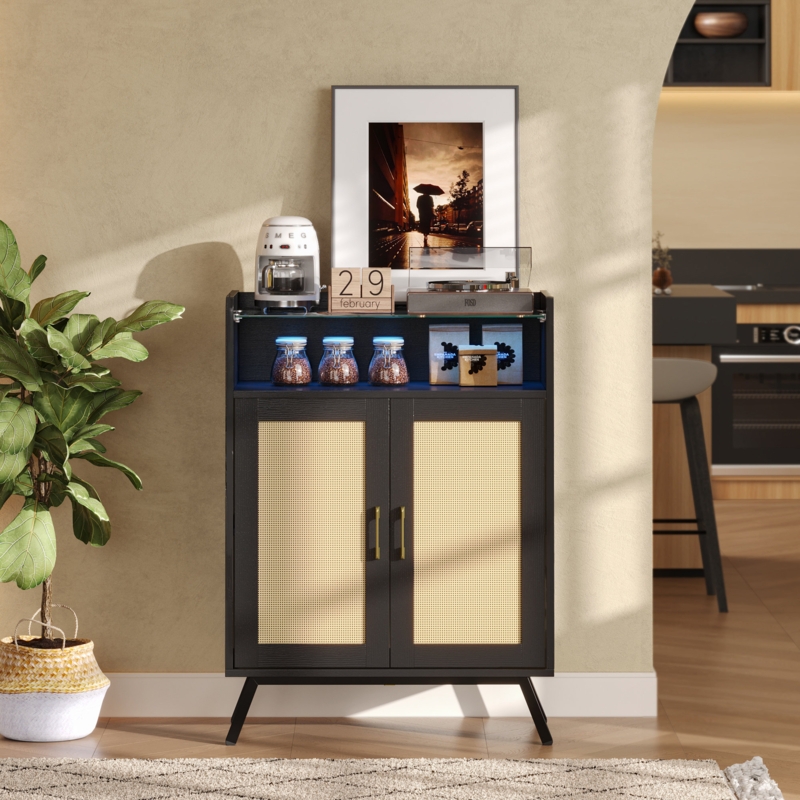 LED Accent Chest with Rattan Doors, Black Buffet Cabinet With Tempered Glass Top Shelves