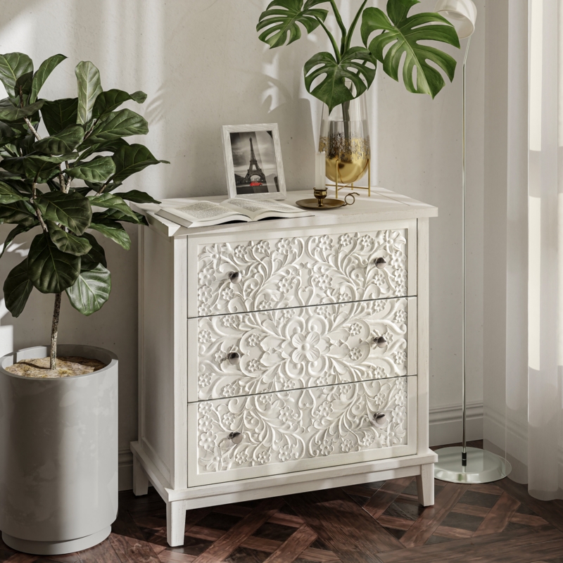 Levera Farmhouse 3-Drawer Dresser, Distressed Chest Nightstand